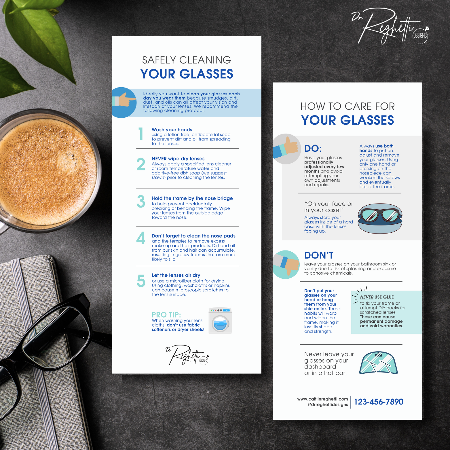 dispensary rack card on how to care for your glasses for optometrists and opticians