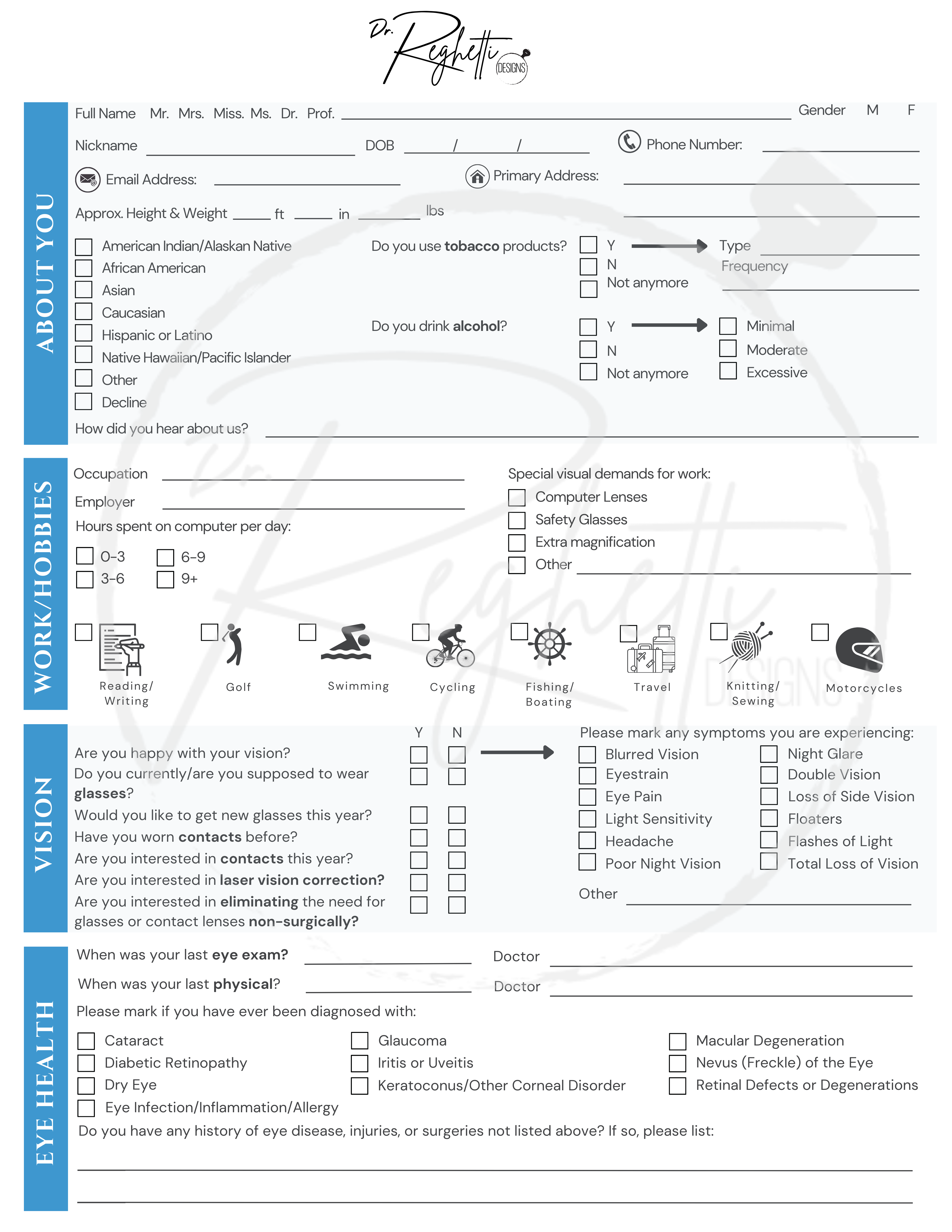 optometrist patient intake form health questionnaire
