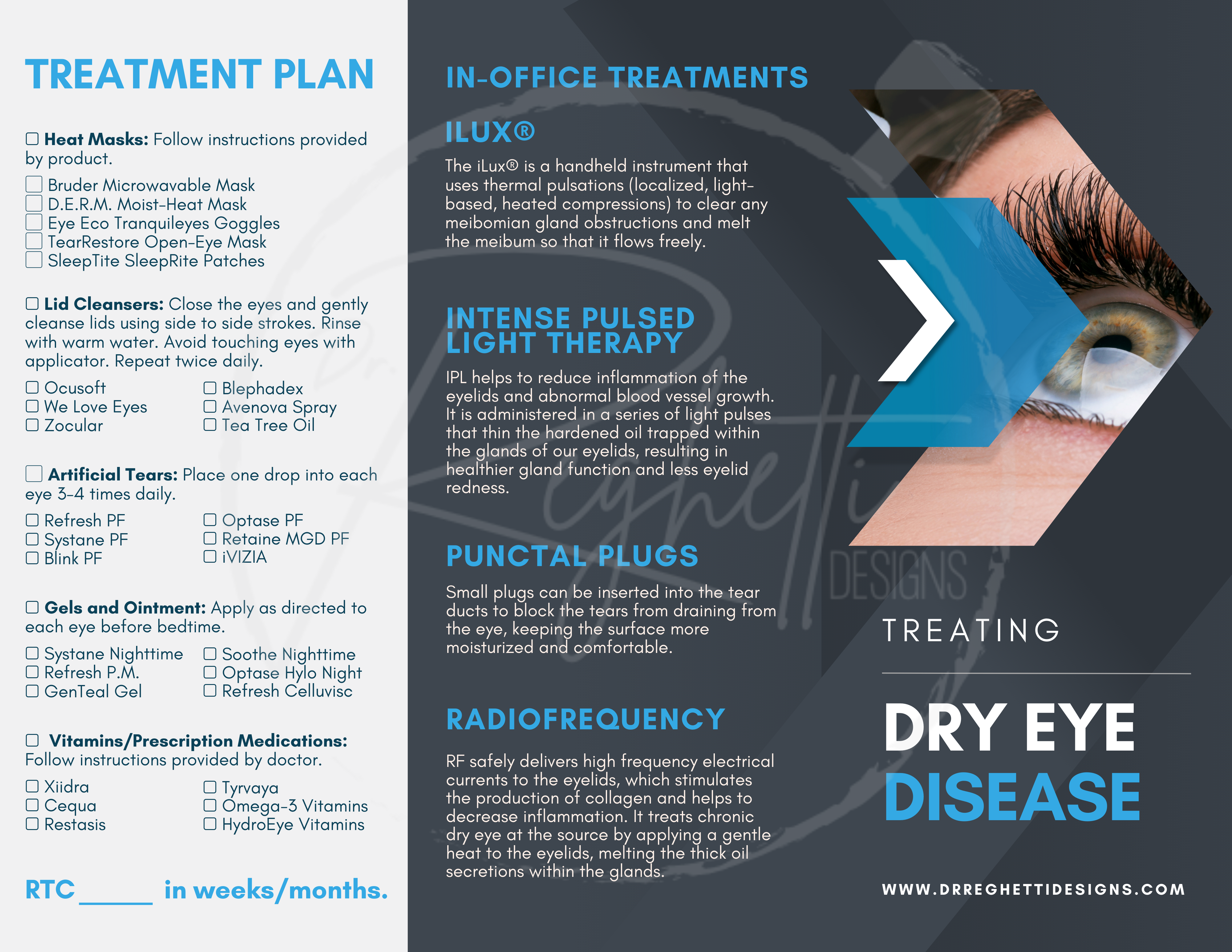 customizable dry eye treatment brochure for optometrists with treatment plan of home remedies and in office