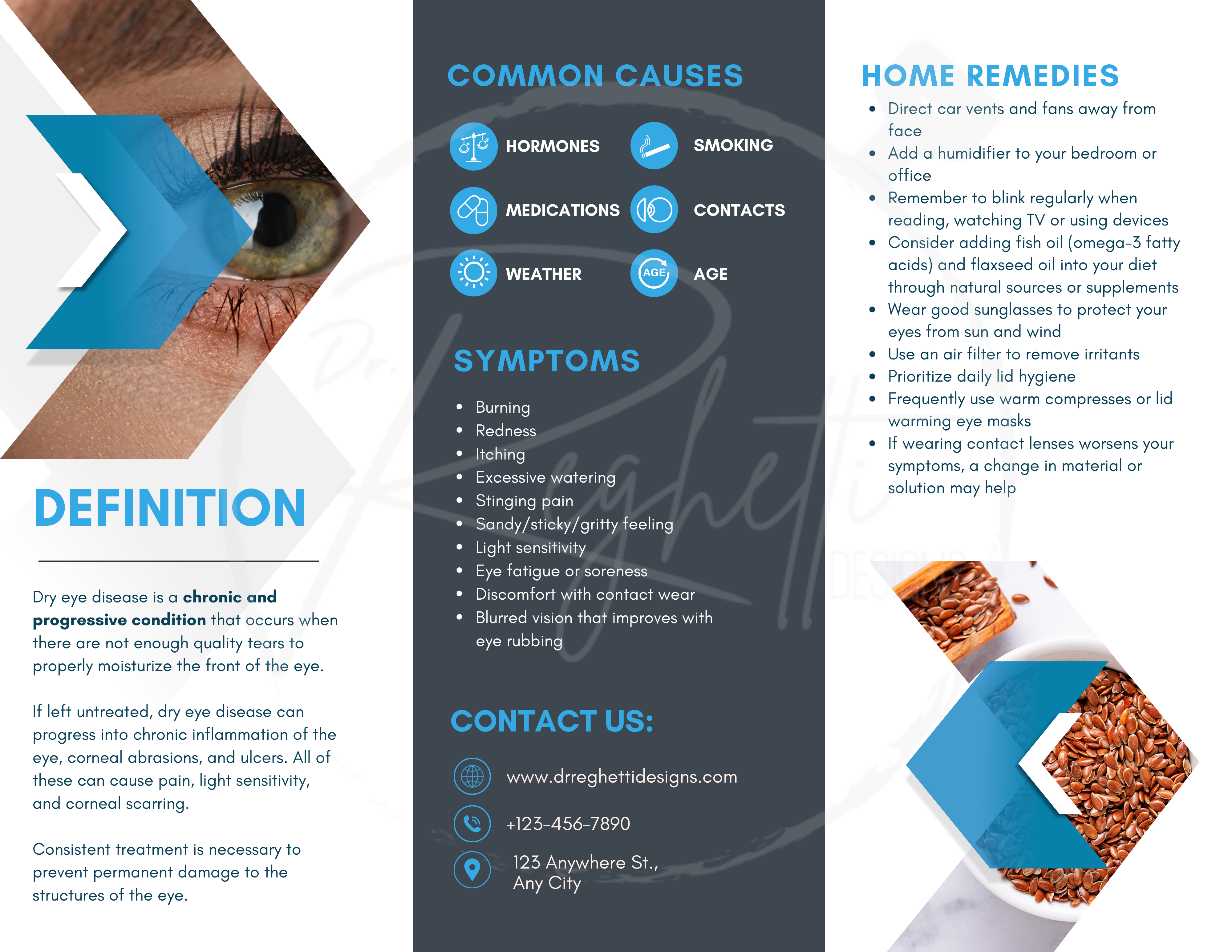 customizable dry eye treatment brochure for optometrists with treatment plan of home remedies and in office