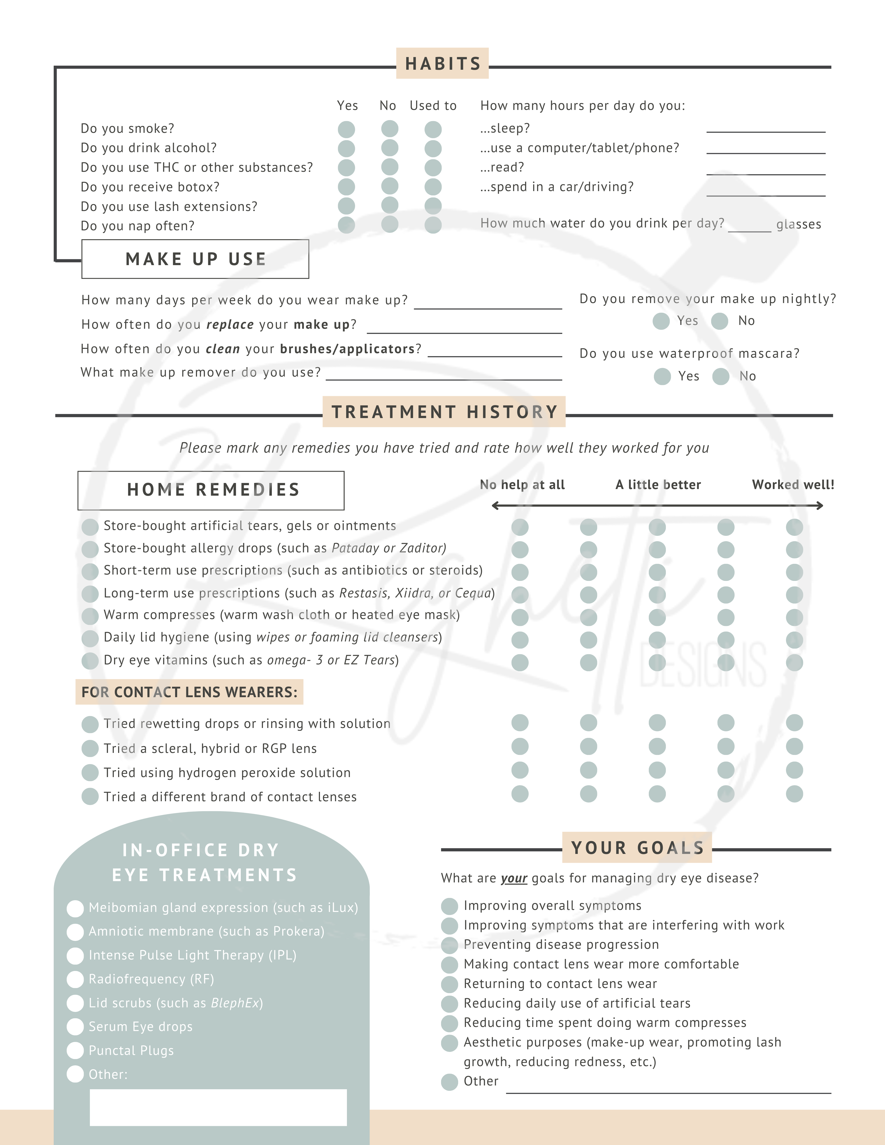 dry eye patient questionnaire form for optometry office fillable PDF