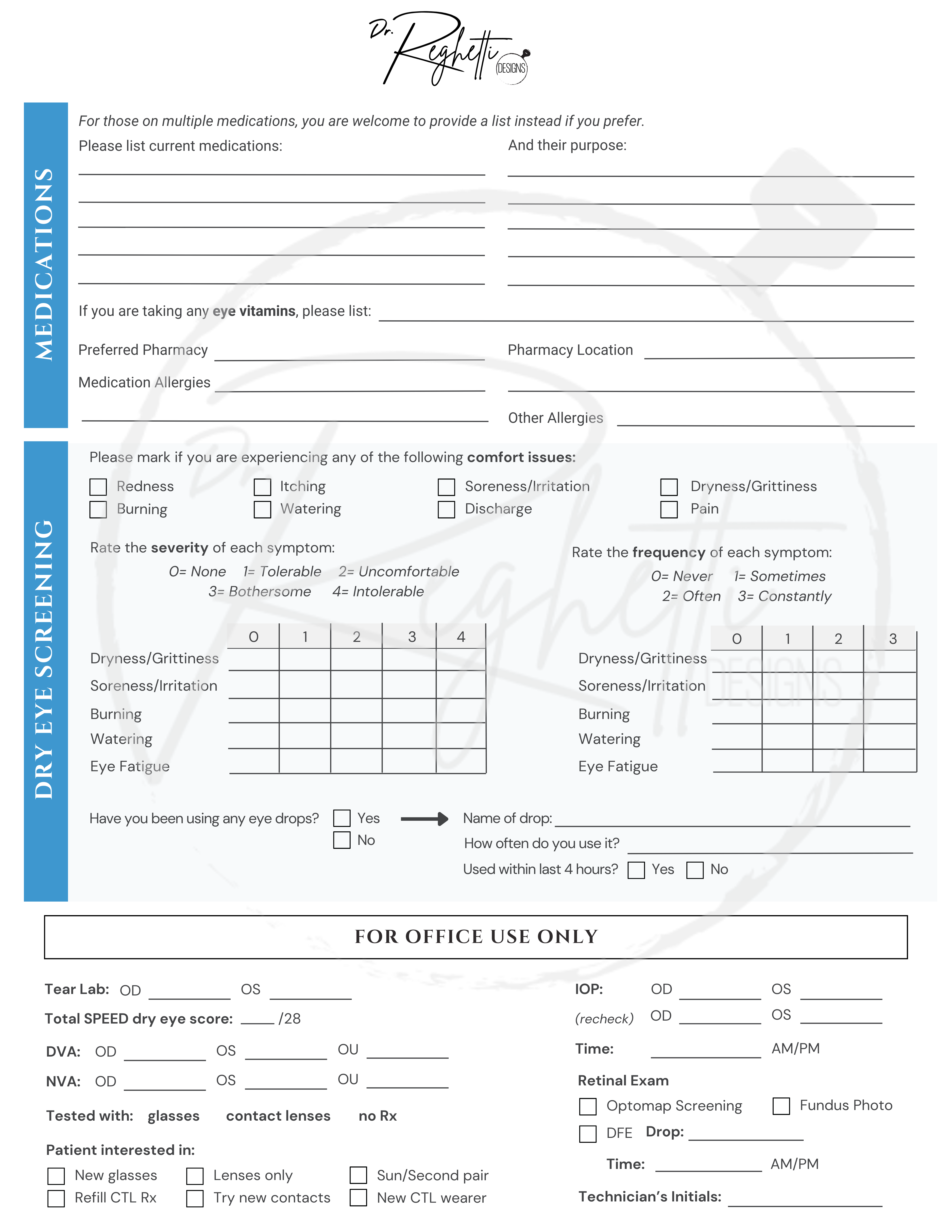 condensed intake form for optometry eye doctor health questionnaire with pretesting section 