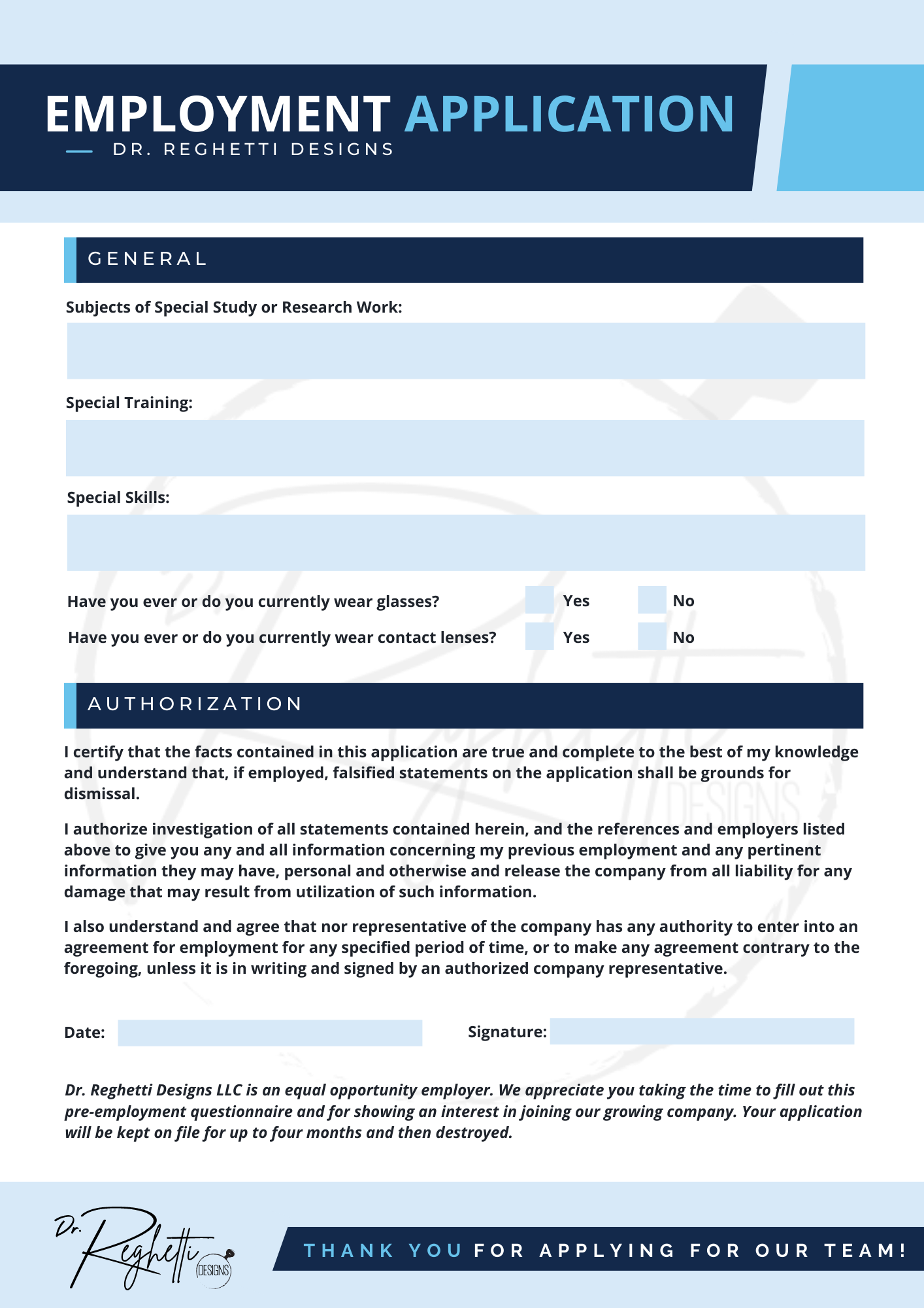 employment application for optometry private practice