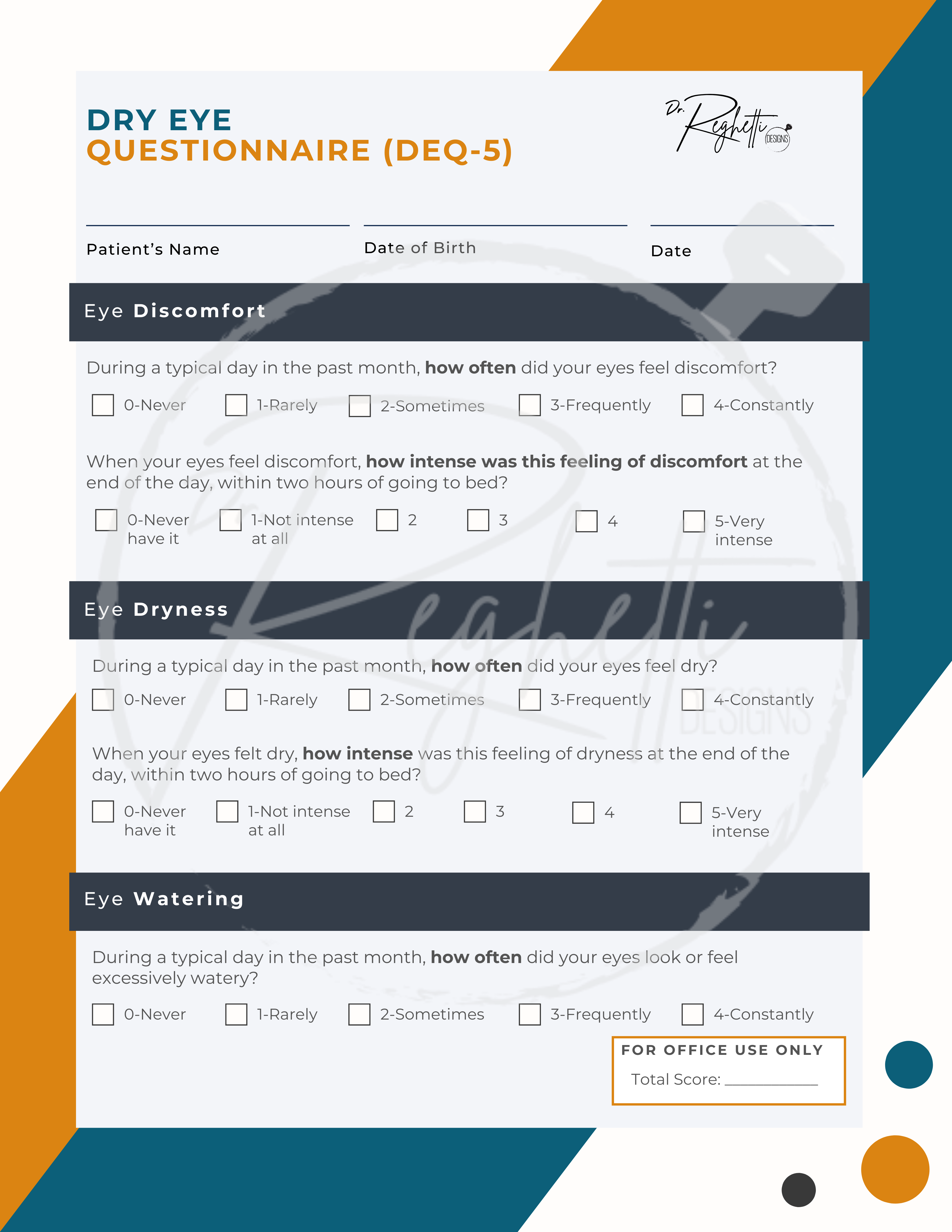 dry eye questionnaire DEQ-5 branded customized form for optometry practice dry eye clinic