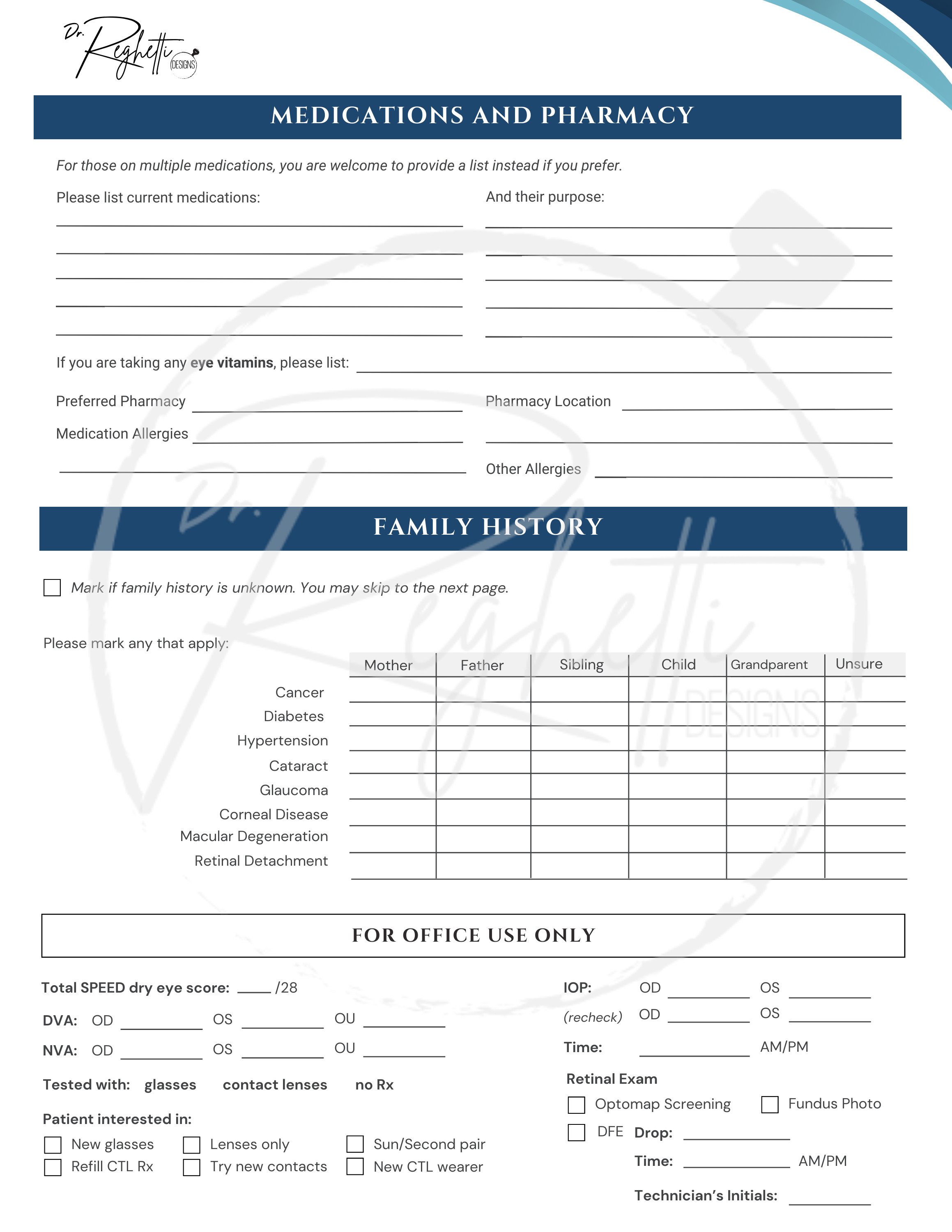 patient intake form for optometrists