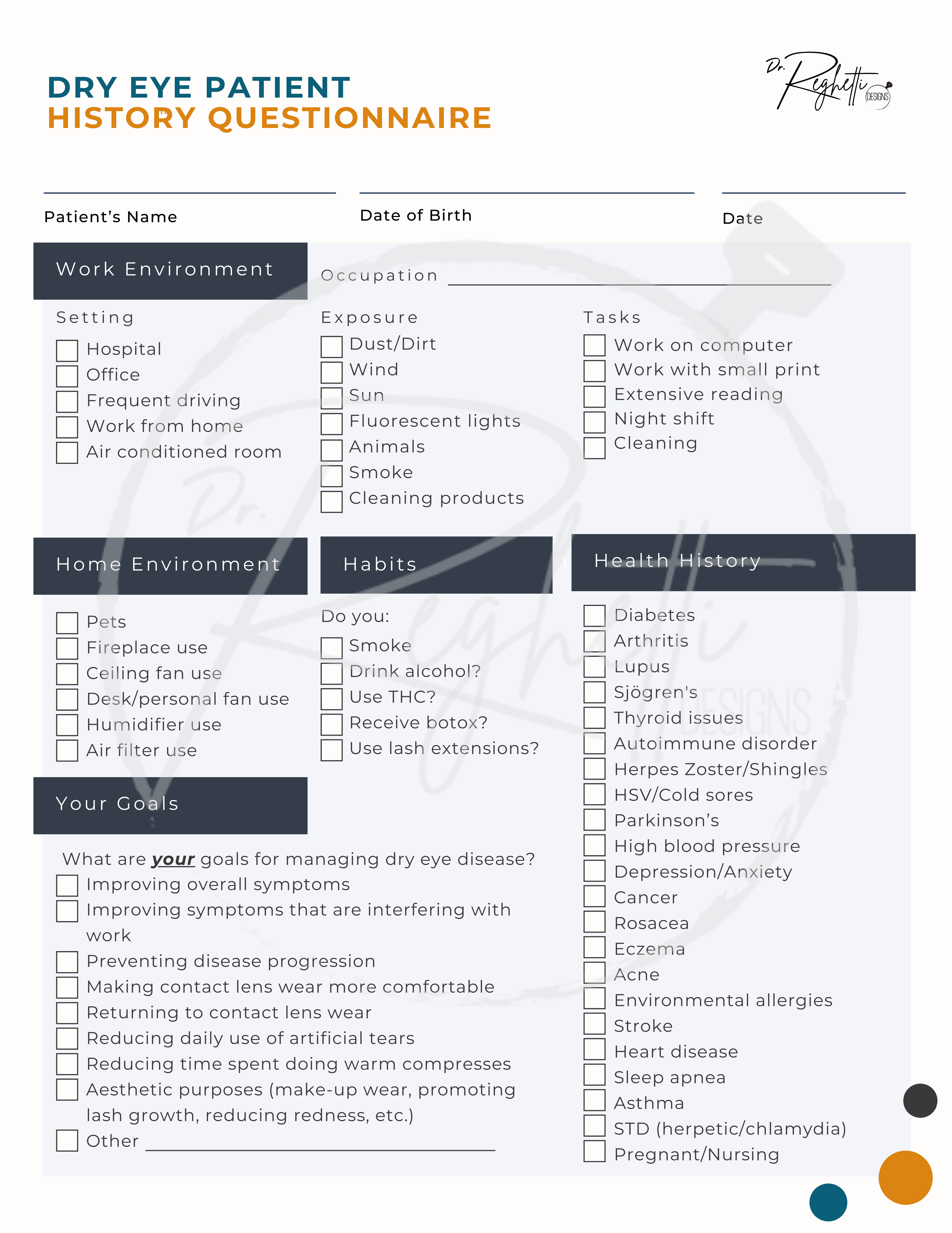 dry eye patient history questionnaire intake form for ipl rf treatment optometry practice 