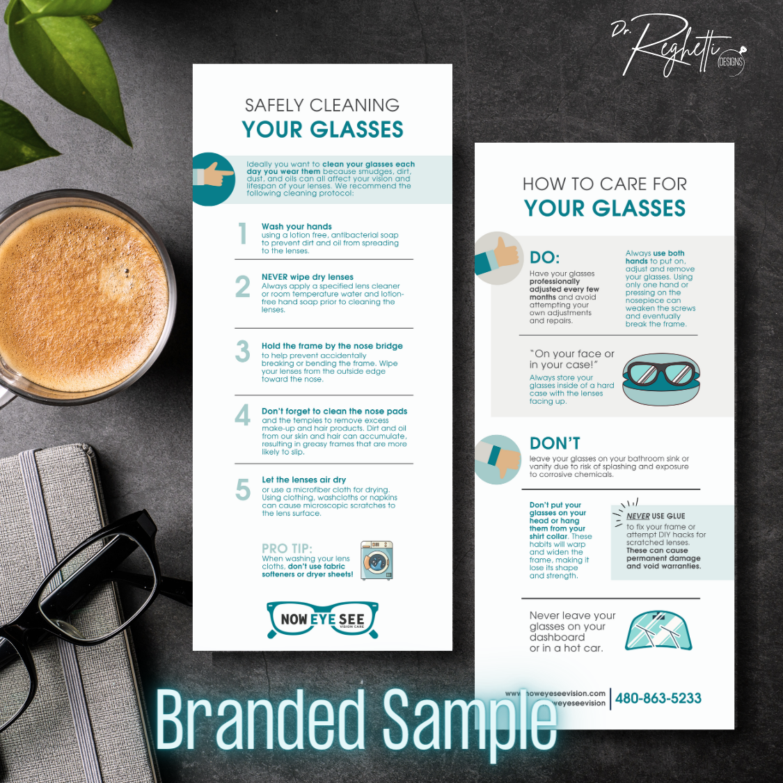 branded sample of dispensary rack card on how to care for your glasses for optometrists and opticians