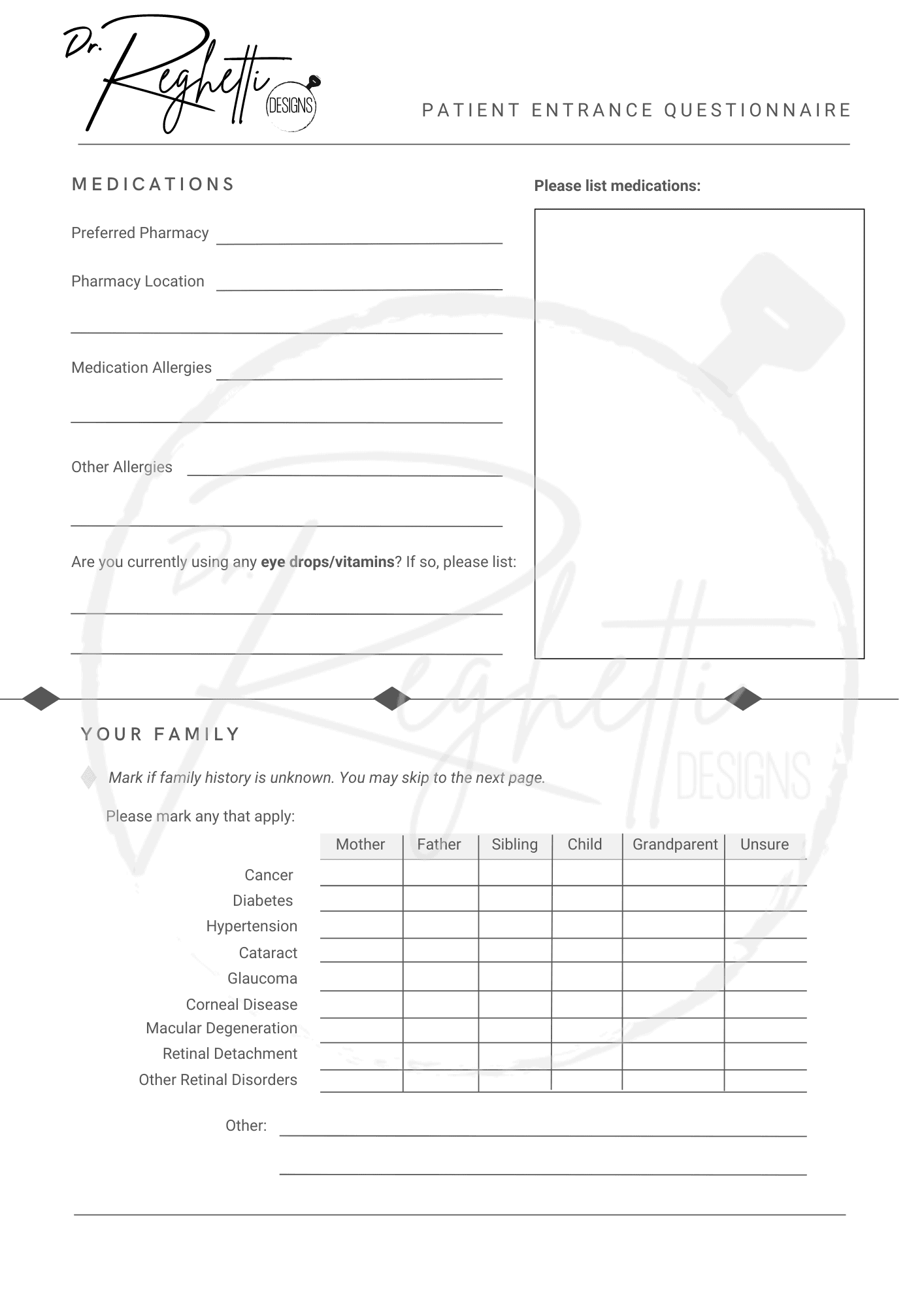 patient entrance questionnaire for optometrist fillable pdf