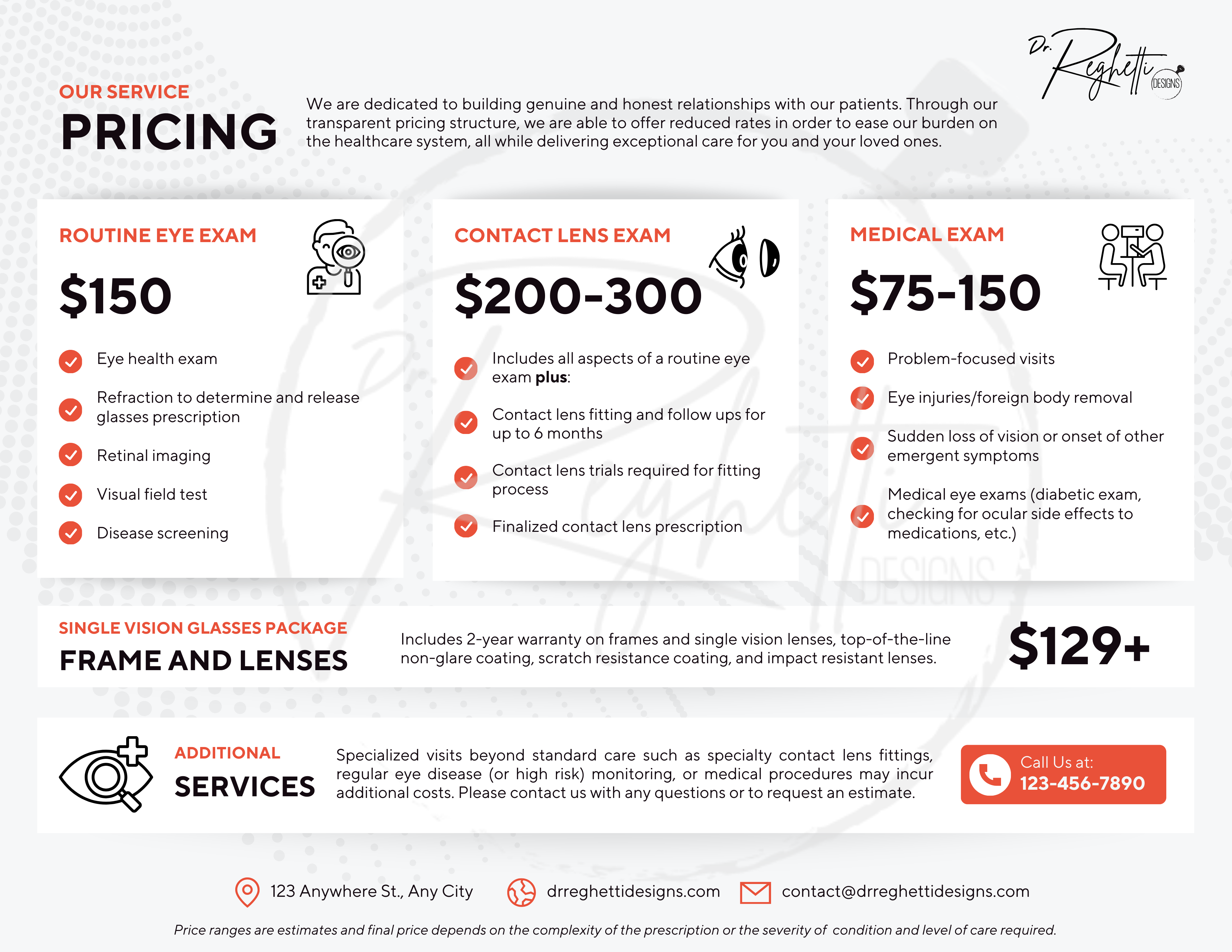 pricing sheet for eye exam fees contact lens exam medical exam optometry office forms patient education