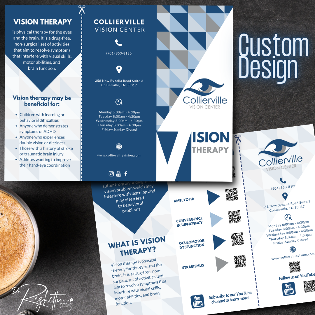 custom design sample for dr. reghetti designs optometry office forms intake forms patient education brochures customized for eye doctor branding office vision therapy brochure