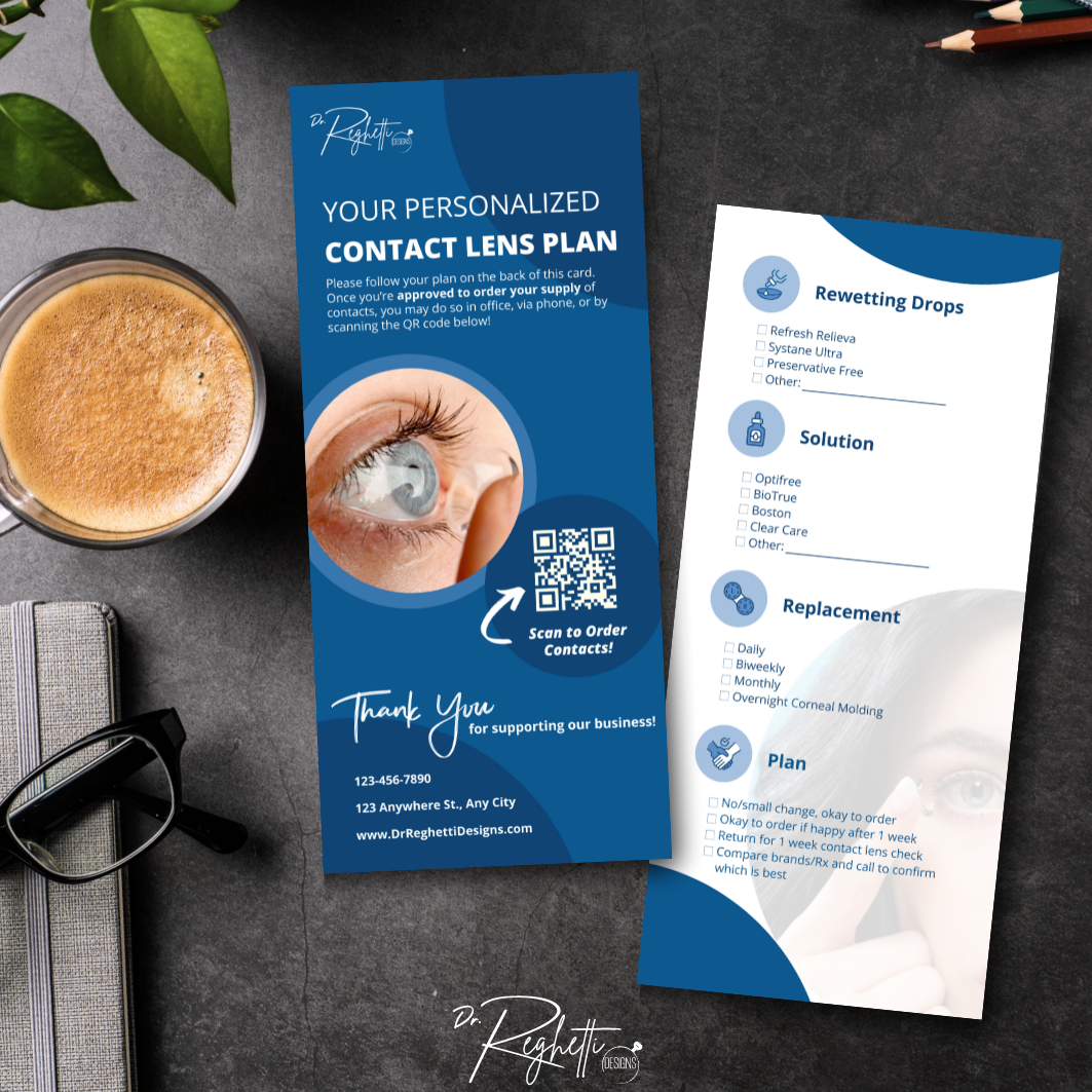 rack card personalized contact lens regimen for optometry office 