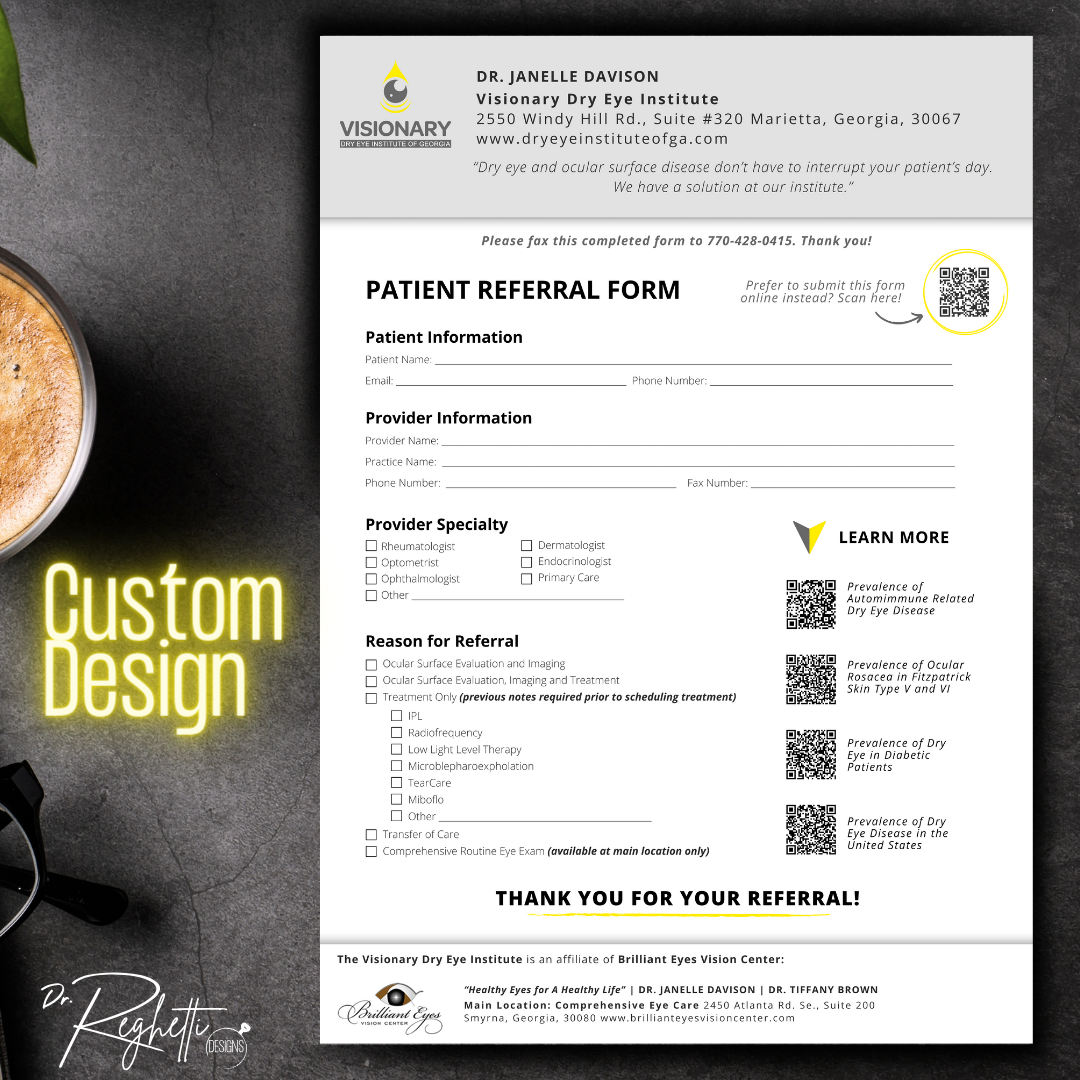 custom design sample for dr. reghetti designs optometry office forms intake forms patient education brochures customized for eye doctor branding office dry eye patient referral form