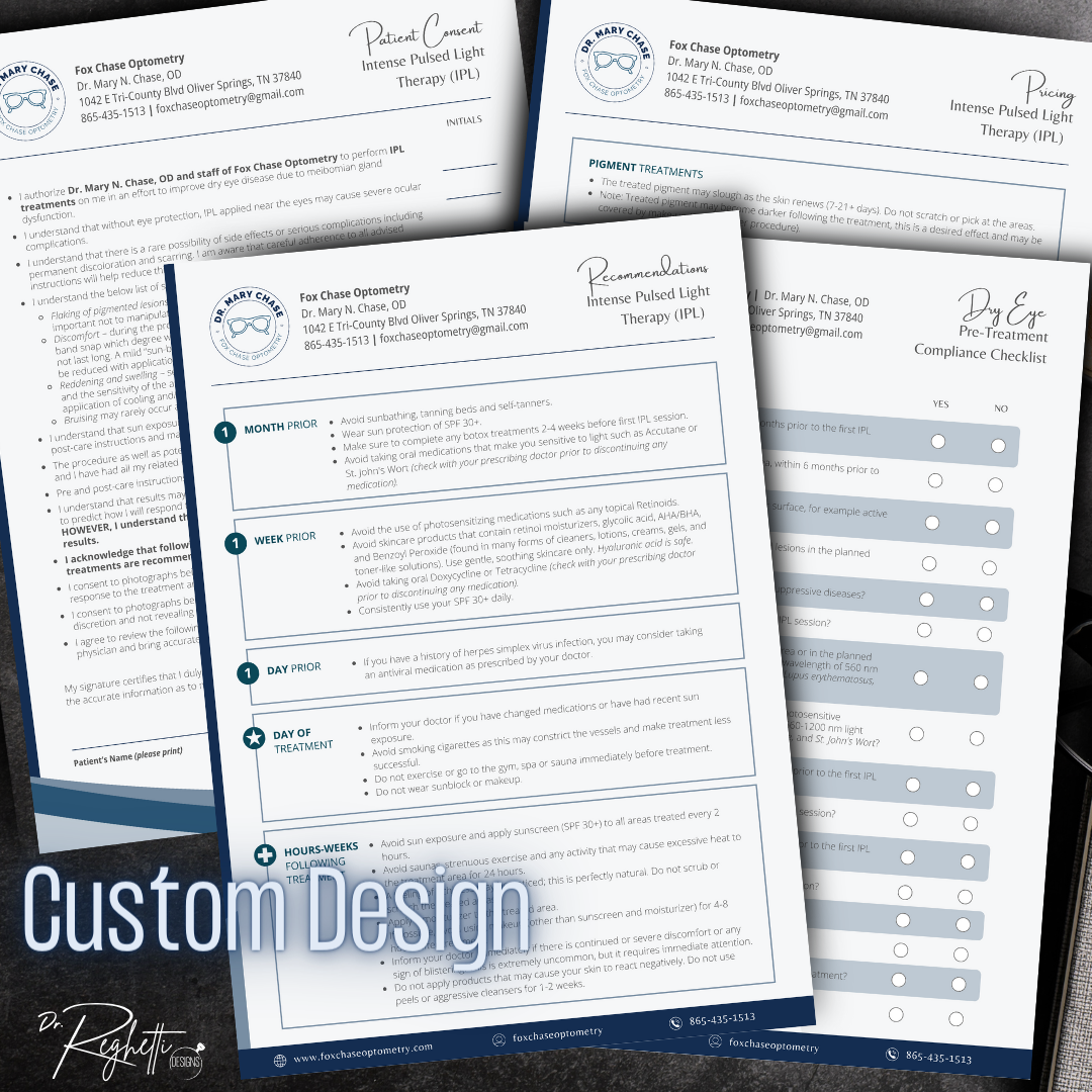 custom design sample for dr. reghetti designs optometry office forms intake forms patient education brochures customized for eye doctor branding office ipl consent and treatment information forms