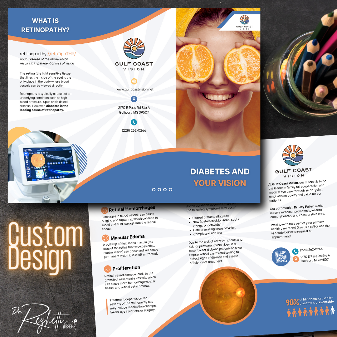 custom design sample for dr. reghetti designs optometry office forms intake forms patient education brochures customized for eye doctor branding office diabetic retinopathy brochure