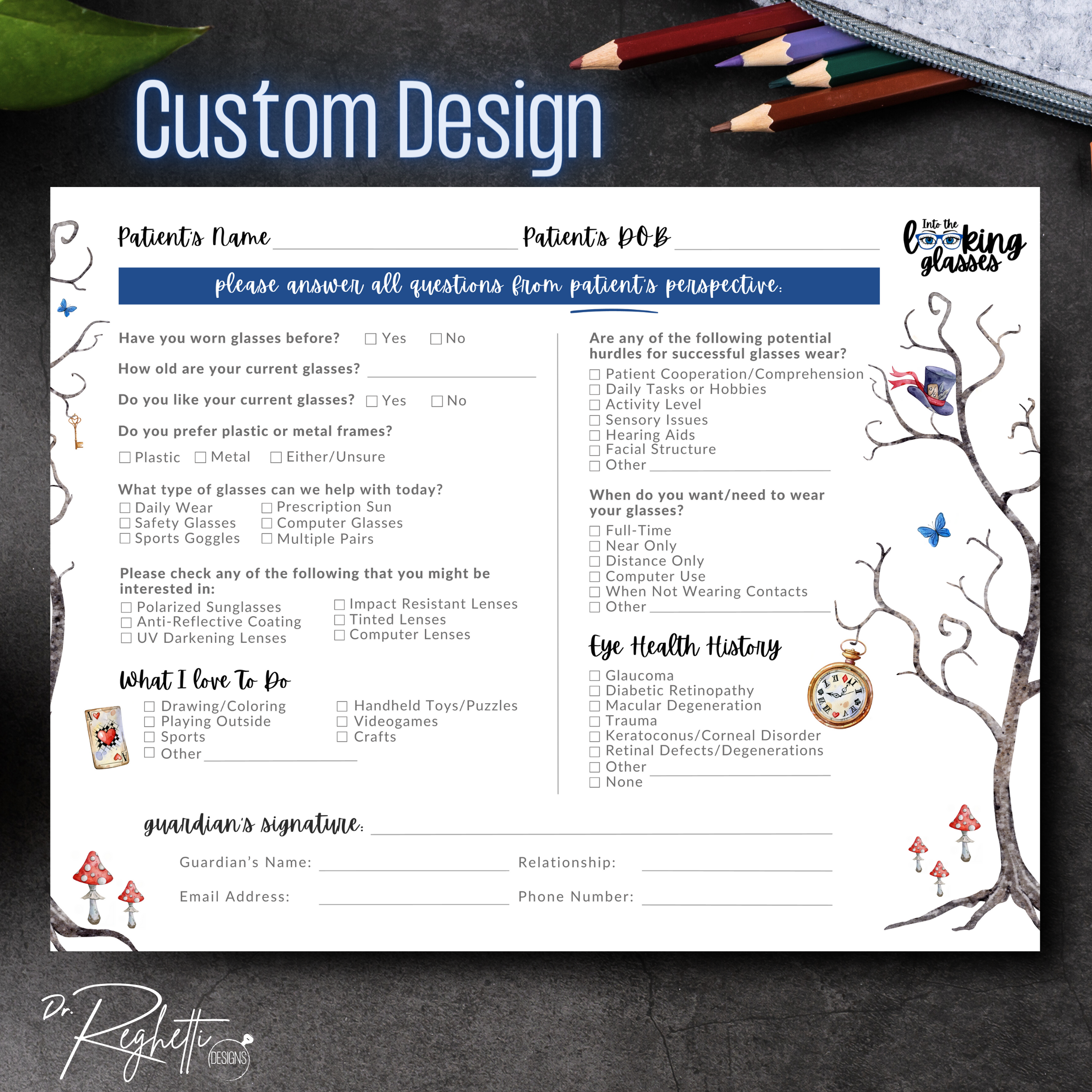 custom design sample for dr. reghetti designs optometry office forms intake forms patient education brochures customized for eye doctor branding office patient intake form