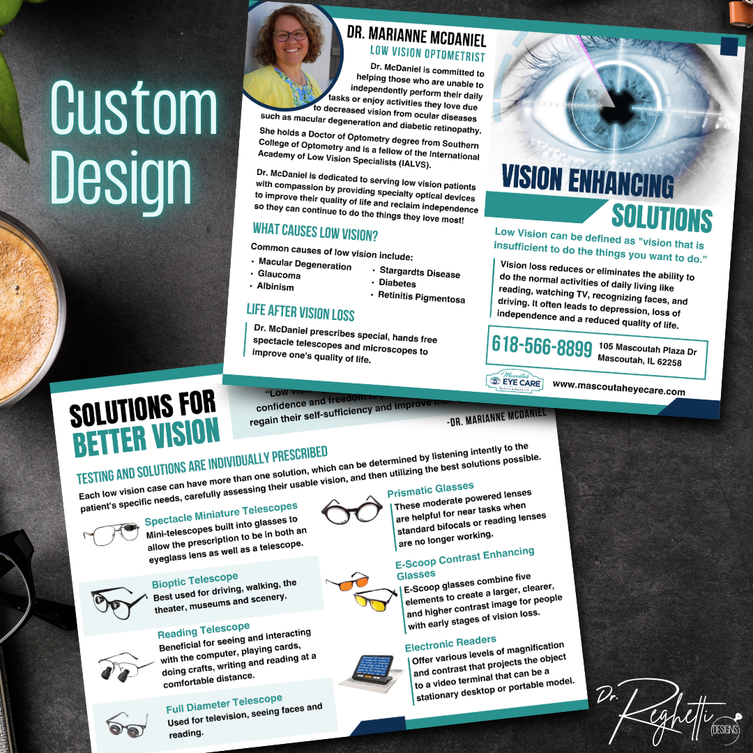 custom design sample for dr. reghetti designs optometry office forms intake forms patient education brochures customized for eye doctor branding office low vision brochure