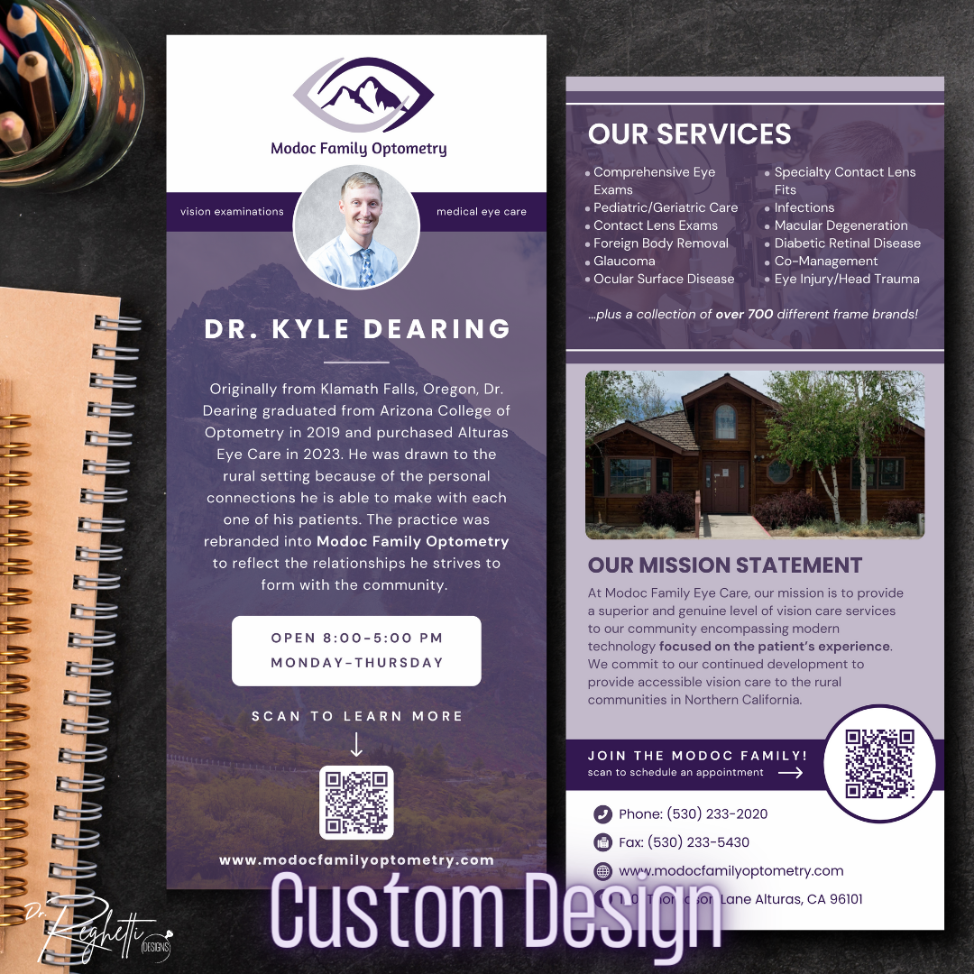 custom design sample for dr. reghetti designs optometry office forms intake forms patient education brochures customized for eye doctor branding office office information rack card