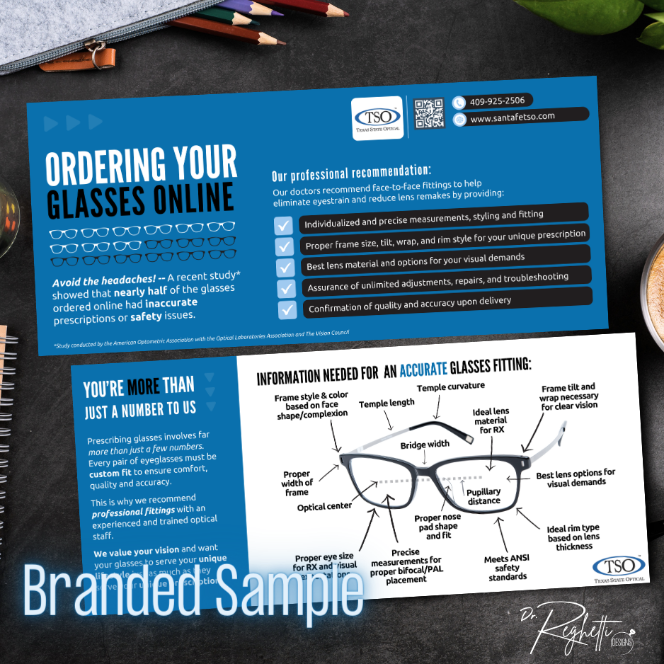 branded sample of online glasses ordering rack card for optometry office optical dispensary