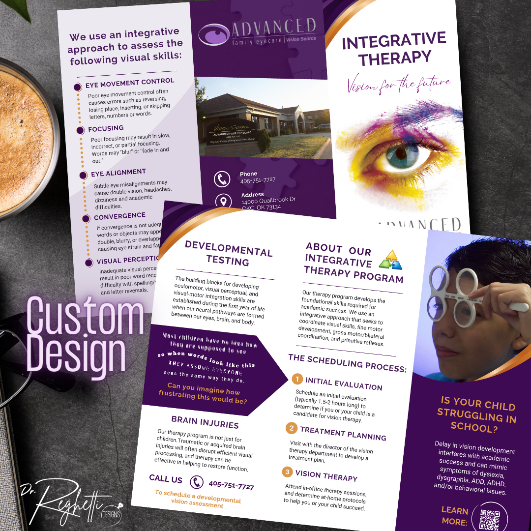 custom design sample for dr. reghetti designs optometry office forms intake forms patient education brochures customized for eye doctor branding office vision therapy brochure